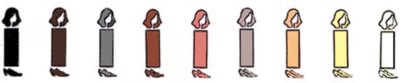 LINEUP OF LADIES WITH BASIC CLOTHING AND SHOE COLORS MATCHING HAIR COLORS