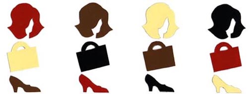 CARIACTURE OF 4 SEASONS HAIR, PURSE AND SHOE COLORS ALL "SCRAMBLED" AND UNREPEATED