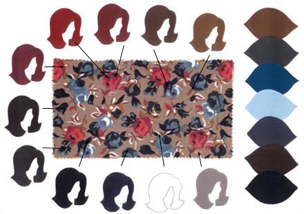 TAUPE COLORED SWATCH SHOWING HOW MANY HAIR AND EYE COLOR REPEATS ARE POSSIBLE