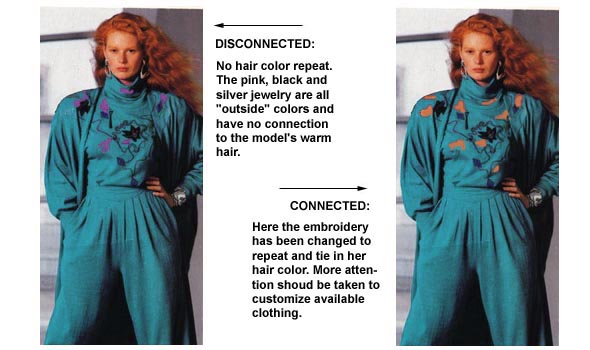 PHOTO SHOWING A TURQUOISE OUTFIT DISCONNECTED AND THEN THE ACCENT COLOR IS CHANGED TO REPEAT RED HAIR COLOR CONNECTING THE MODEL TO HER OUTFIT